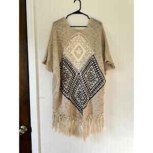 Blu Pepper Cream Fringe Knit Poncho Sweater